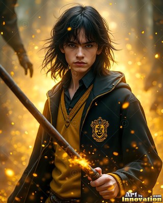 A young man grips a wooden staff as bright yellow sparks fly around his dark robe