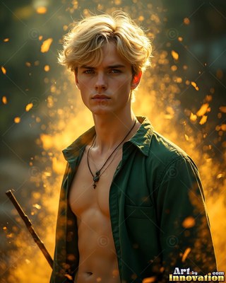 Facing forward outdoors, a blond man wears an open green shirt in warm light