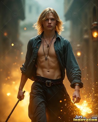 A yellow-haired man in an open shirt walks along a street holding a wand with sparks around him