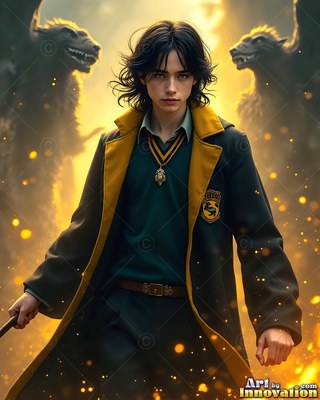 In a bright hall, a man in his youth in a dark green coat stands before two badgers