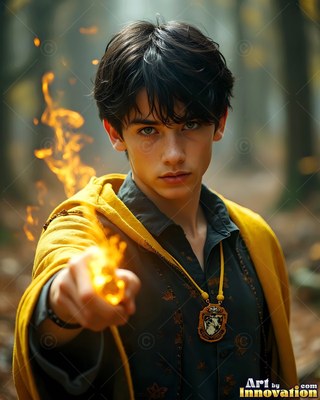 Casting fire forward, a man in his youth wears a yellow robe in the woods