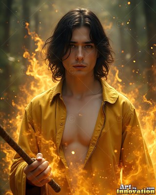 In an open yellow shirt in a dark forest, a man cradles a wooden staff with bright flames around him