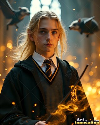 A blond younger man clasps a wand in a hall filled with warm yellow sparkles