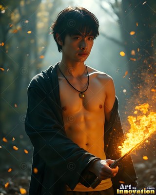 Facing forward in the woods, a shirtless man holds a flaming wand in an open robe