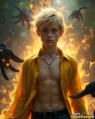 A young blond man in an open yellow shirt stands before rising flames