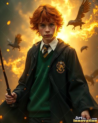 In a fiery sky, a young man in green wizard robes holds a wooden wand