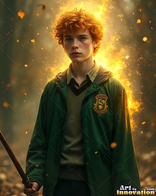 Holding a wooden wand, a young man in a green jacket stands before bright yellow light