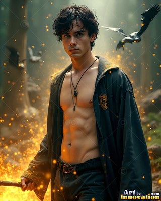 A shirtless younger man in an open dark robe holds a wand in the woods