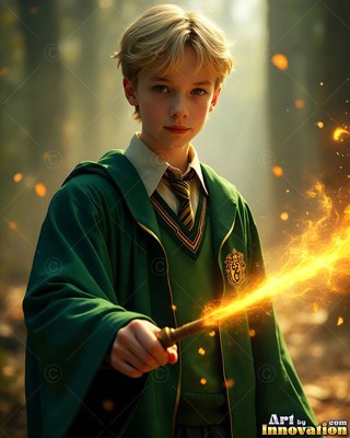 Blond hair parted loosely, a younger man in green robes holds a fiery wand in woods