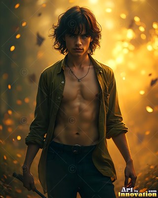 A young man stands with an open shirt before warm yellow sparks
