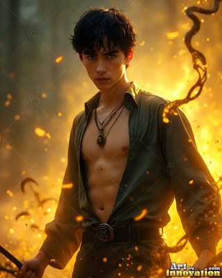 Facing forward in a golden woods, a dark-haired youthful man stands with an open shirt