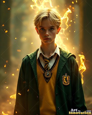 A yellow-haired man in his youth in a green school robe stands before bright yellow flames