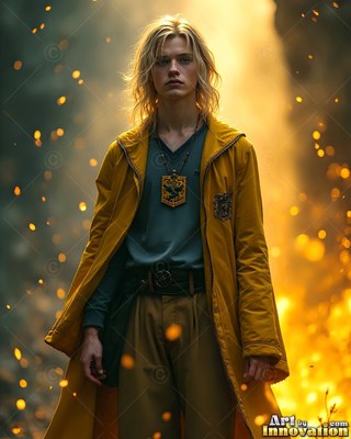 In a dark hall with yellow sparks, a blond-haired man stands in an open yellow coat