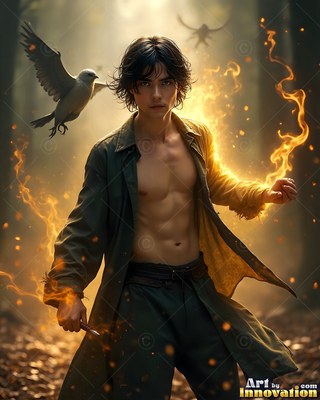 Summoning fire in a forest, a young shirtless man stands beside a flying bird