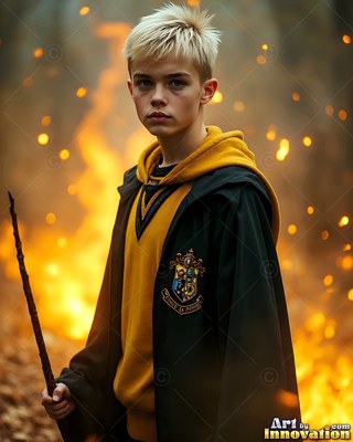 Young man in a black and yellow wizard robe holds a wand by fire