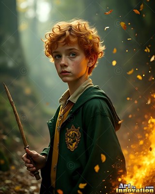 With curly red hair in a misty autumn forest, a man carries a carved wooden wand