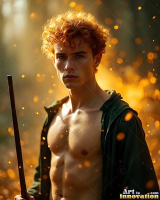 A shirtless man grips a staff outdoors in warm golden sunlight with floating sparks