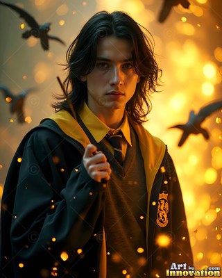 Facing forward, a dark-haired man cradles a wand in yellow robes by bright firelight