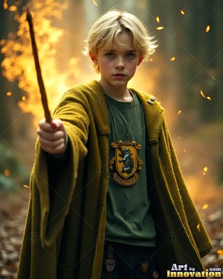 A man in a yellow robe points his wand forward in the woods