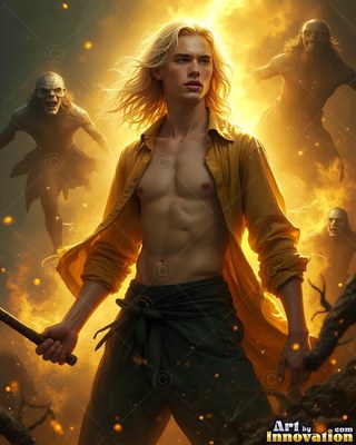 In bright golden light, a blond-haired man in an open shirt stands before shadowy ghouls