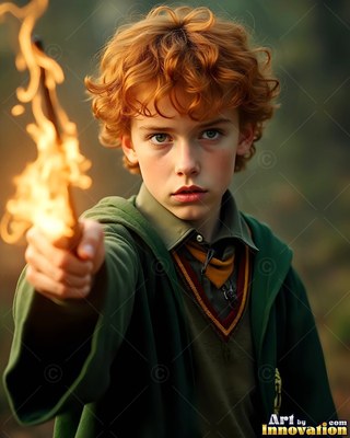 Holding out a flaming wand, a young man with curly red hair wears a green robe