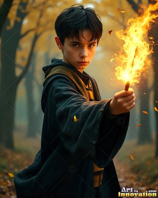 Young man in dark robes points a fiery wand in the woods