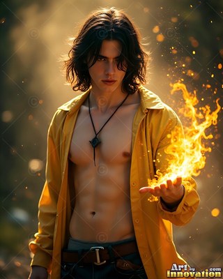 A dark-haired man in an unbuttoned yellow shirt holds fire in his palm outdoors