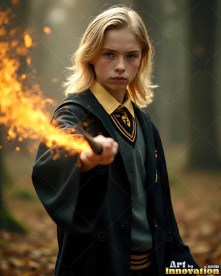 Facing forward in the woods, a young blond man points a fiery wand