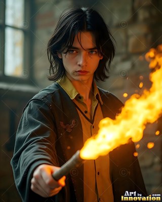 A young man in a dark robe aims a wand that shoots bright yellow fire