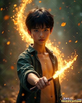 In a dark forest, a youthful man cradles a magic wand sparking with yellow fire