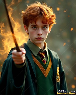 Younger man in green robes holds a wand with flames
