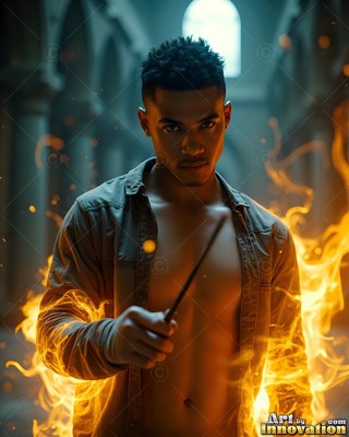 An open gray shirt on a younger man holding a wand in a dim hallway surrounded by fire sparks
