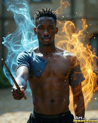 A man clasps a wand while blue smoke and orange flames rise around his bare chest