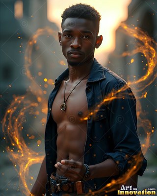 Facing forward in a stone alley, a man summons orange sparks around his open shirt