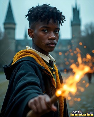 A young Black man in a black robe holds a wand shooting bright sparks outside a castle