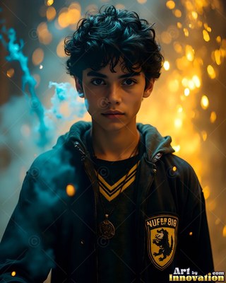 Before bright blurred lights, a young man stands in a dark hoodie with blue smoke