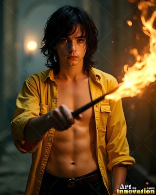 Holding a wand with bright flames, a young man stands in an open yellow shirt
