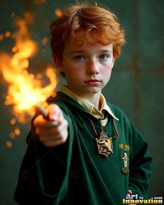 Younger man with red hair in a green robe points a fiery wand