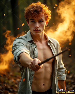 Curly red hair crowns a young man aiming a wand in an autumn forest with warm smoke behind him