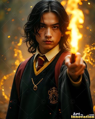 A man in his youth raises a flaming wand in school robes, lit by yellow firelight