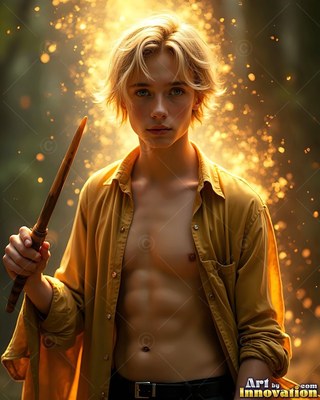 Facing forward in a forest, a youthful man cradles a wand in an unbuttoned yellow shirt