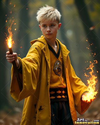 A young fair-haired man in yellow robes holds a wand and fire in the woods