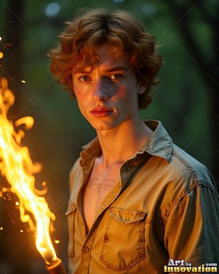 In a dark forest, a red-haired man in his youth in a tan shirt holds up a bright torch
