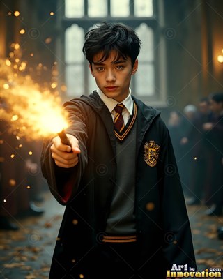 Aiming a wand with yellow sparks, a man wears black school robes in a stone hall