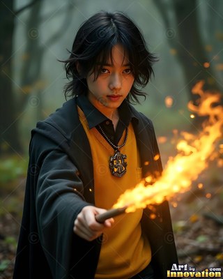 A young man points a wand shooting bright fire in a forest