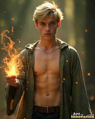 Wearing an unbuttoned green shirt in a sunny forest, a yellow-haired man cradles yellow fire