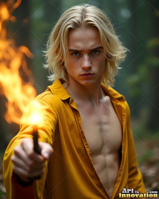 A blond man points a fiery wand forward in an open yellow robe under soft woods light