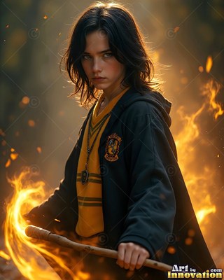 Facing forward outdoors, a young man carries a staff near bright fire