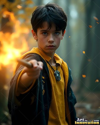 A young man in a yellow shirt points a wooden wand that shoots bright flames