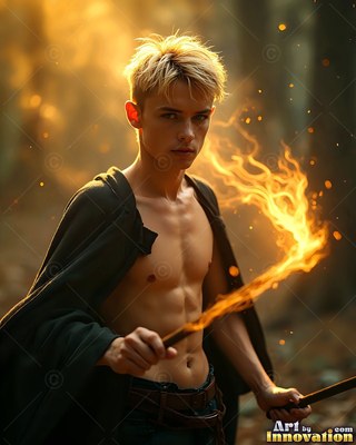 In a dark forest, a shirtless young man in a cloak holds a burning wooden staff